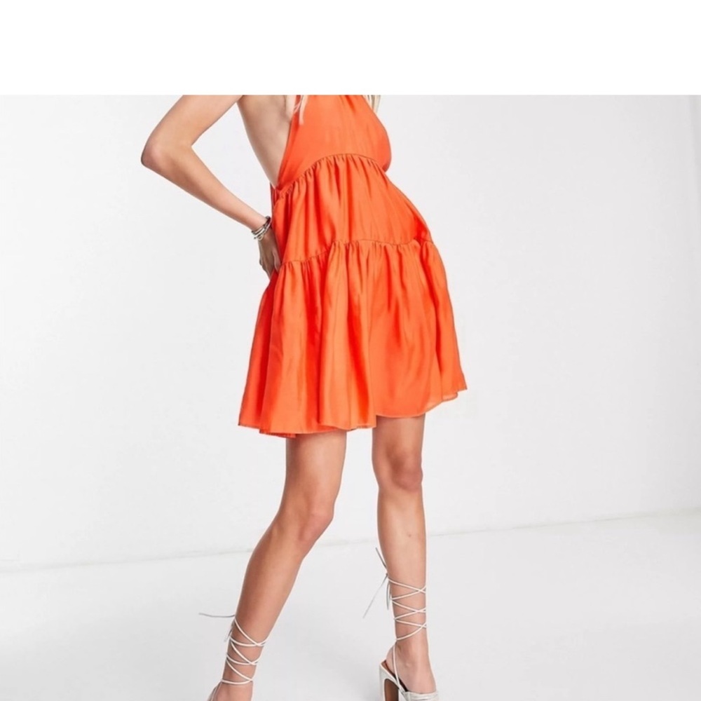 ASOS Design Orange Halter Tiered Mini Dress Size 4 D3 - Picture 4 of 10